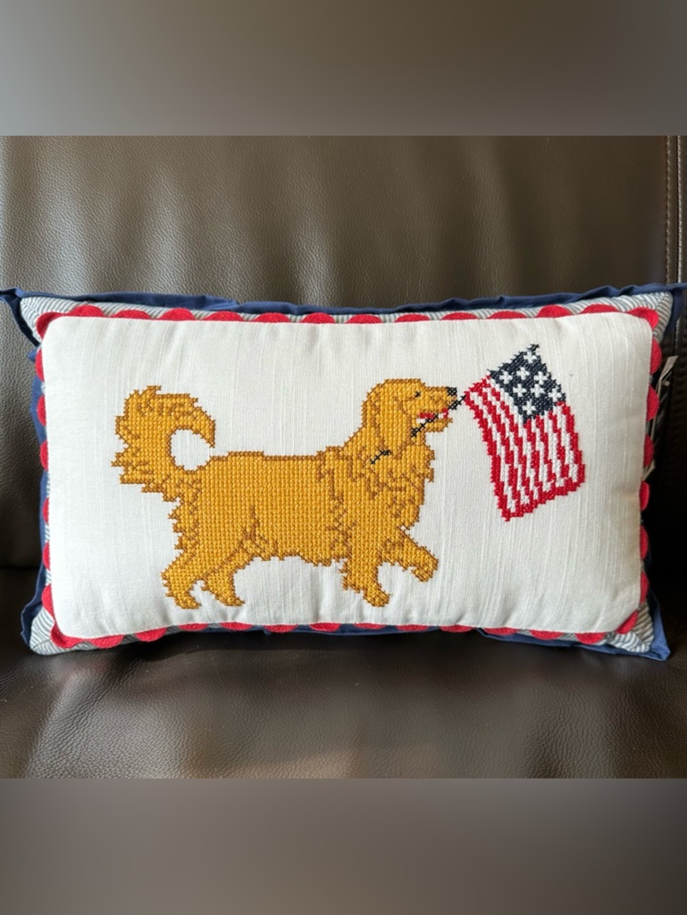 Martha Stewart Dog and American Flag Patriotic Decorative Needlepoint Pillow NWT